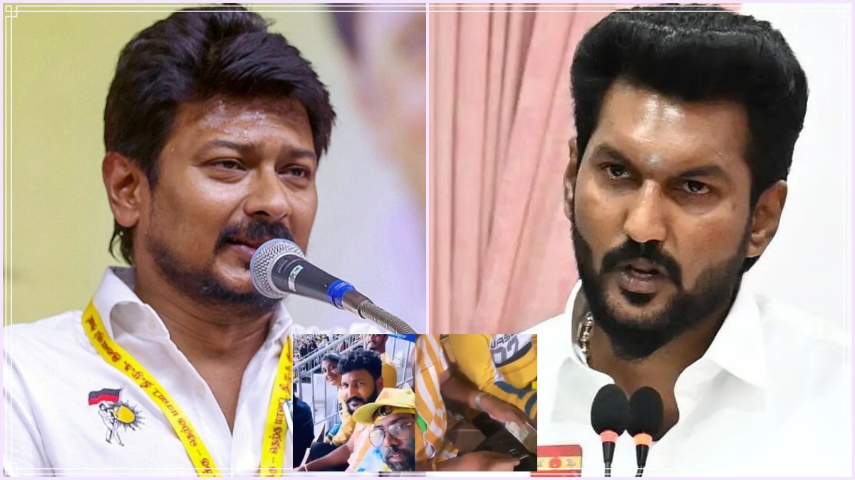 News graphic representing the Assembly debate between Udhayanidhi Stalin and Minister Sarathkumar over drug allegations.