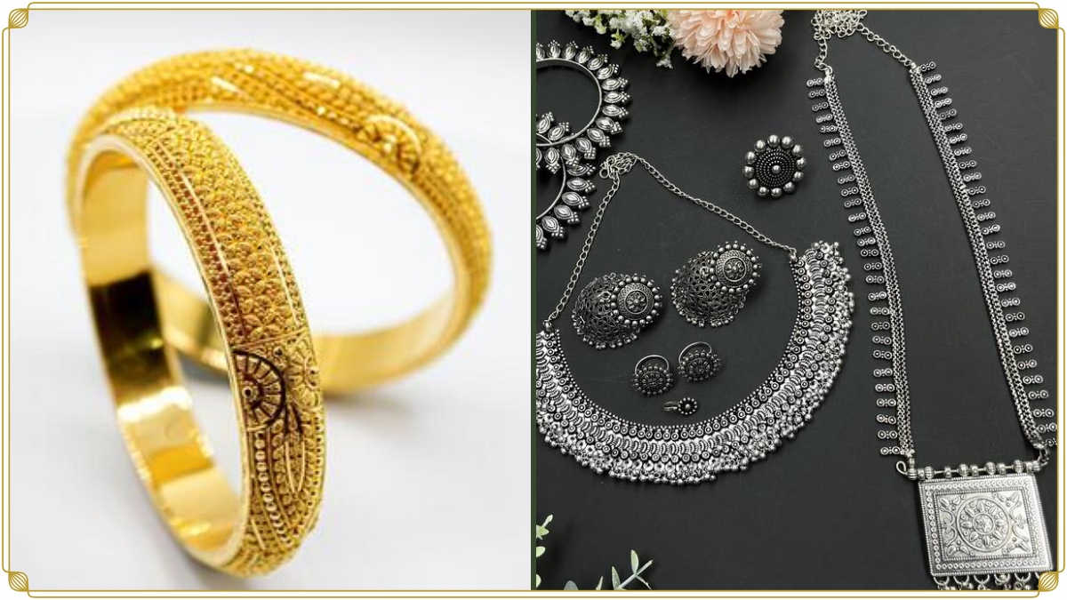 Gold jewellery and silver bars illustrating today's price surge in Chennai.