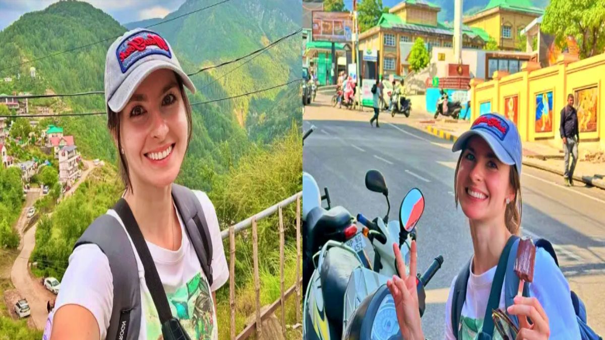 இந்தியாவில் தெருவோரக் கடையில் டீ குடிக்கும் வெளிநாட்டுப் பெண் விளக்கப்பட்ட படம்.
