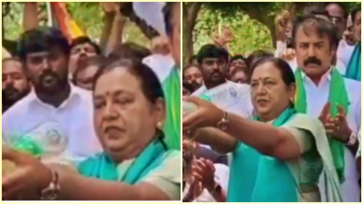 பிலிகுண்டுலு காவிரி ஆற்றுப் பகுதியில் பிரேமலதா விஜயகாந்த் பாட்டில் தண்ணீரால் வழிபாடு செய்யும் அரசியல் காட்சி.