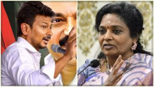 Dr. Tamilisai Soundararajan addressing media during a political briefing.