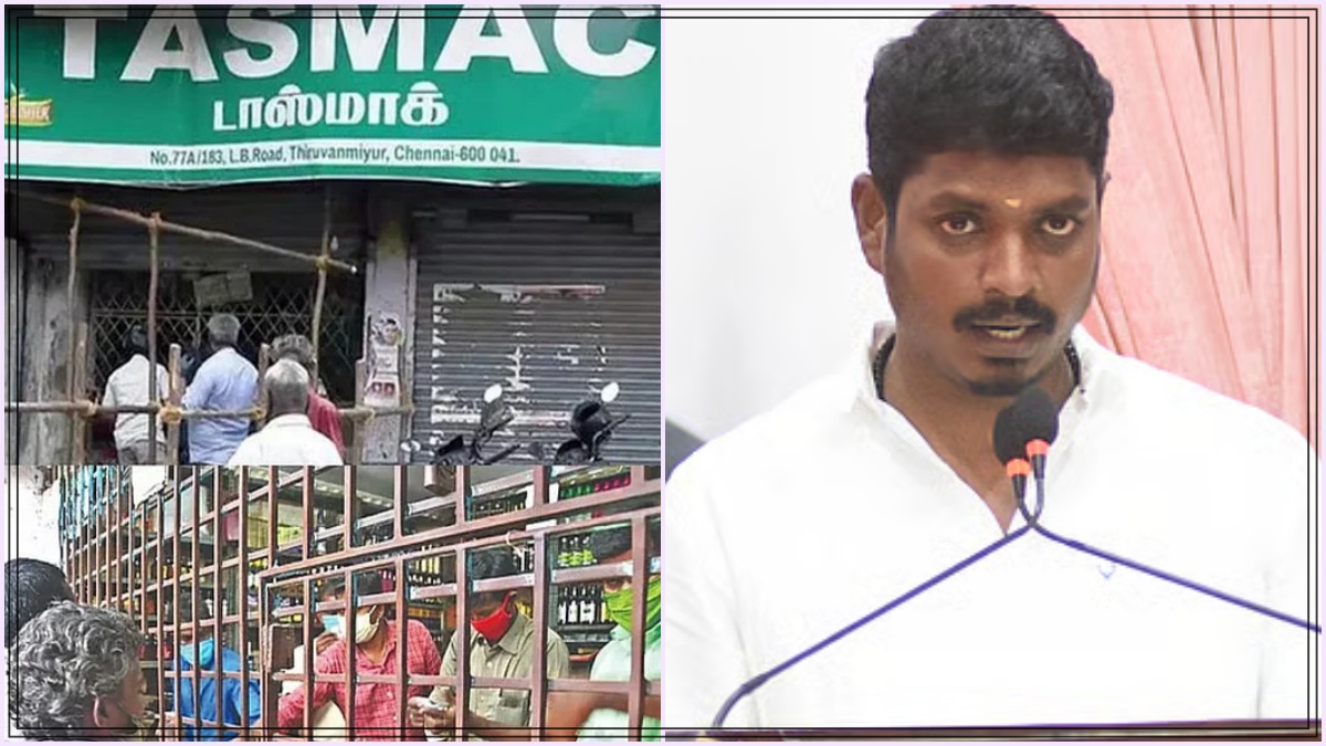 News graphic representing FSSAI inspection and temporary ban on 11 TASMAC liquor brands in Tamil Nadu.