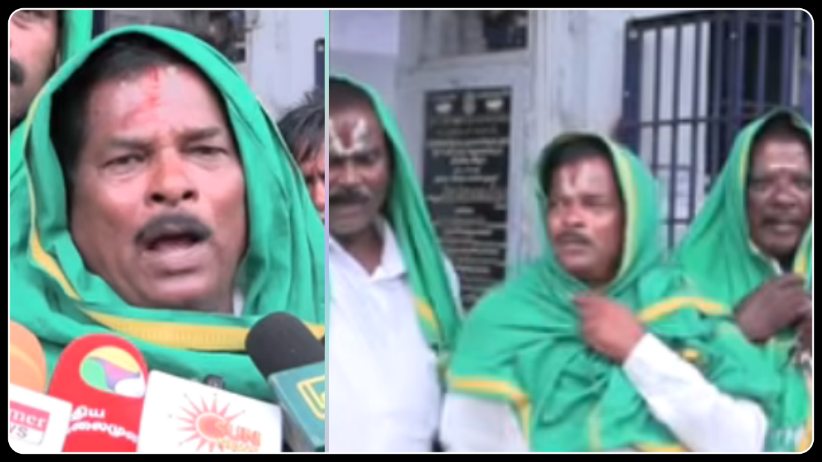 கூட்டுறவு சங்கத்தின் முன் நாமம் போட்டு முக்காடு அணிந்து போராட்டம் நடத்தும் தமிழ்நாட்டு விவசாயிகள்.