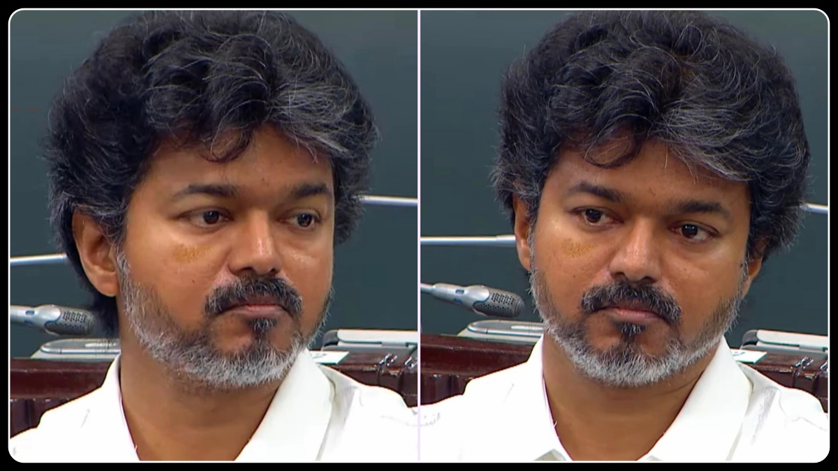 தமிழக சட்டசபையில் அமைச்சர்கள் நடுவே அமர்ந்துள்ள முதல்வர் விஜய்.