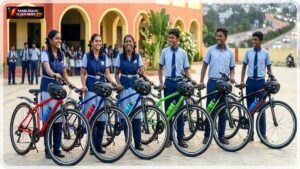 Modern bicycle with helmet and water bottle for Class 11 students under the Tamil Nadu government scheme.