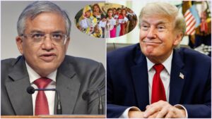 'இந்தியாவைப் பாருங்க!' அமெரிக்கத் தேர்தலில் அதிரடி மாற்றம்... இந்தியத் தேர்தல் ஆணையரைக் மேற்கோள் காட்டி டிரம்ப் புகழாரம்! Editorial news graphic representing Donald Trump praising India's voter ID system for US election reform.