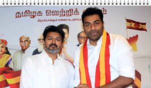 TVK Minister Aadhav Arjuna addressing the party MLA meeting in the presence of Chief Minister Vijay.