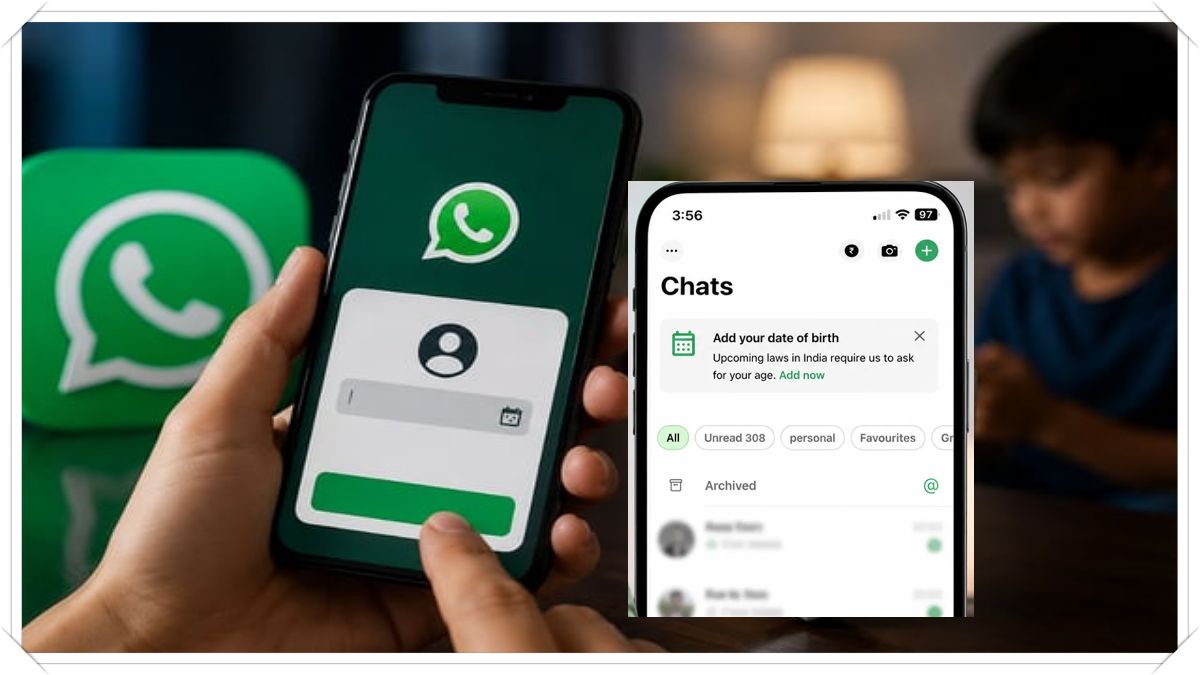 Smartphone screen displaying WhatsApp application with an age verification date of birth prompt.