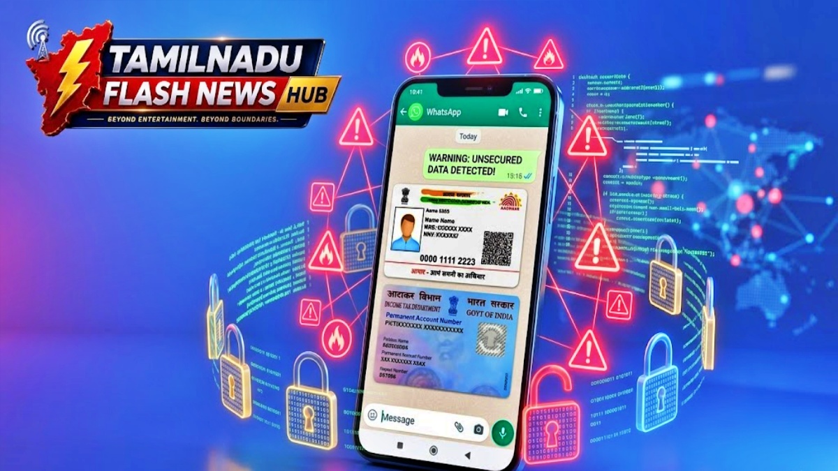 வாட்ஸ்அப்பில் தனிநபர் ஆவணங்களை அனுப்புவதால் ஏற்படும் சைபர் ஆபத்துகள் குறித்த விழிப்புணர்வுச் செய்தி வரைபடம்.