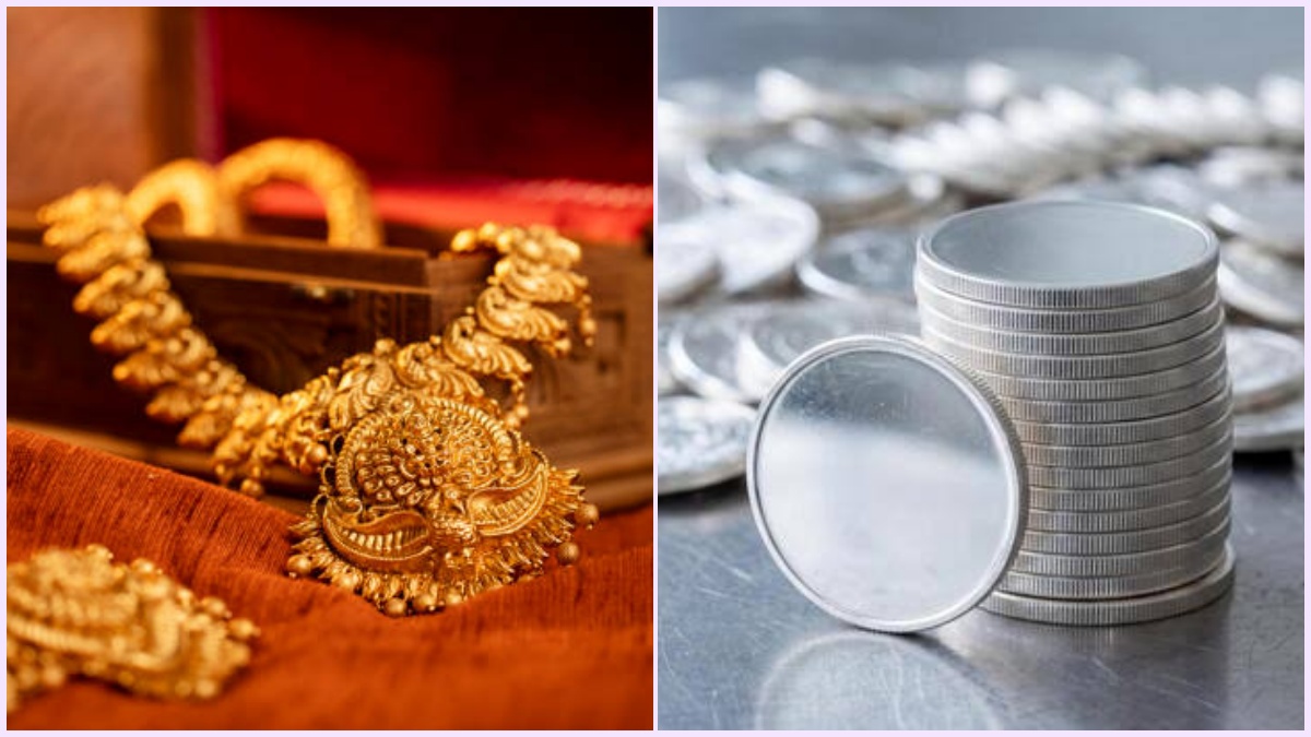 Visual showing gold jewelry and silver bars for daily bullion price report.