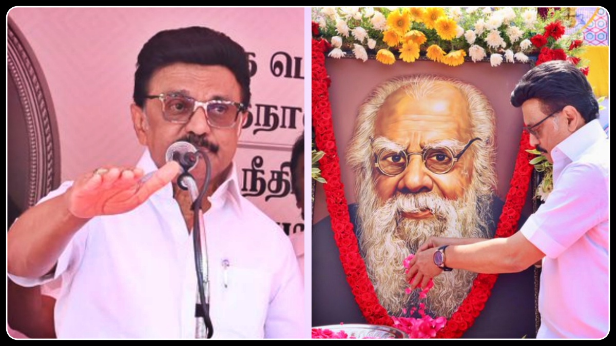 பெரியார் சிலைக்கு மாலை அணிவித்து மரியாதை செலுத்தும் திமுக தலைவர் மு.க.ஸ்டாலின்.