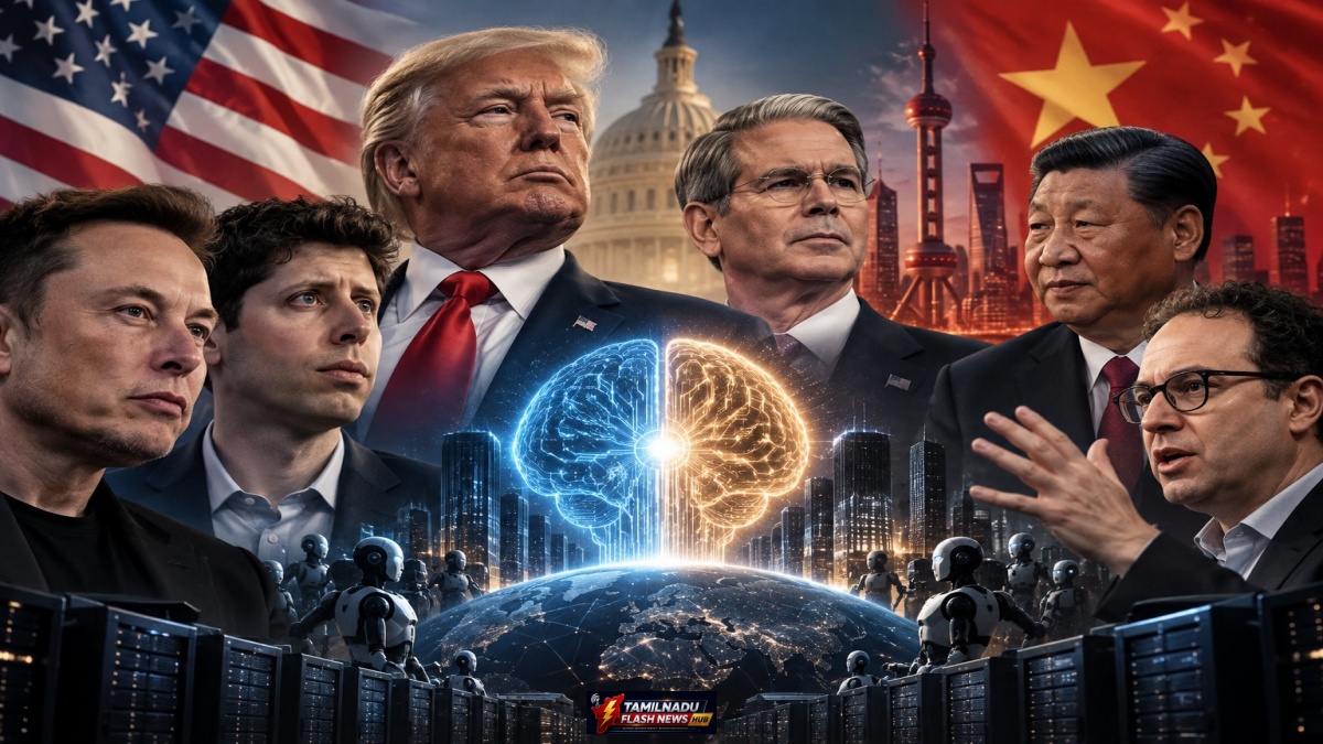 News graphics illustrating US President Donald Trump and artificial intelligence concepts.