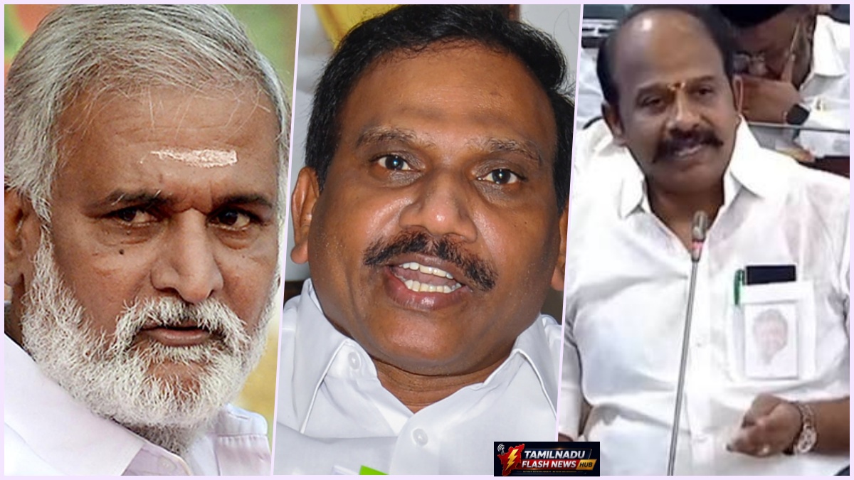 News graphics illustrating legal action against DMK leaders for defamatory remarks.