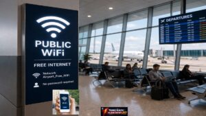 Visual representation of cyber risks like malware and password theft on public Wi-Fi networks.