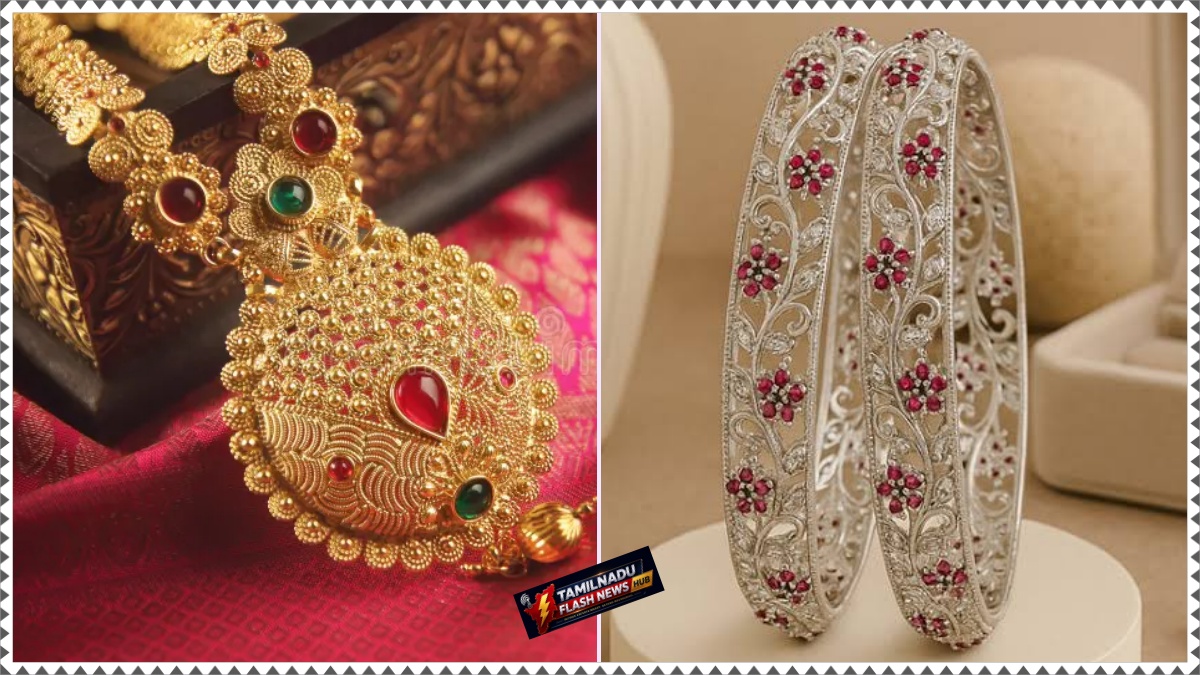 Close up view of gold ornaments and silver bars.