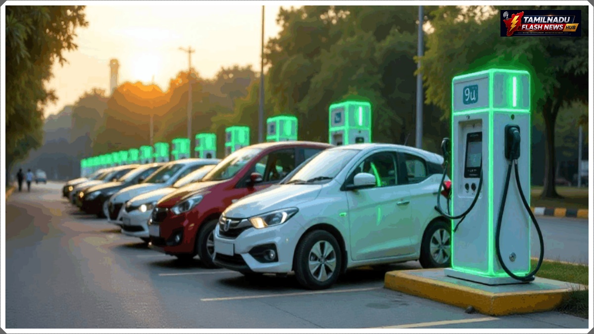 Electric cars and scooters charging at a station representing 51 percent EV sales growth in India in August 2026.