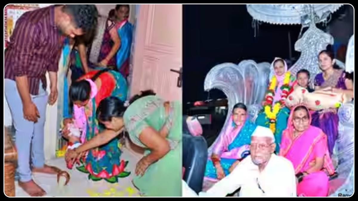 200 ஆண்டுகளுக்குப் பின் பிறந்த பெண் குழந்தையைத் தேரில் அழைத்துச் செல்லும் கொண்டாட்டப் படம்.