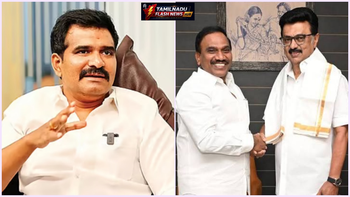 Minister C.T.R. Nirmal Kumar giving a stern response to DMK MP A. Raja's comments.