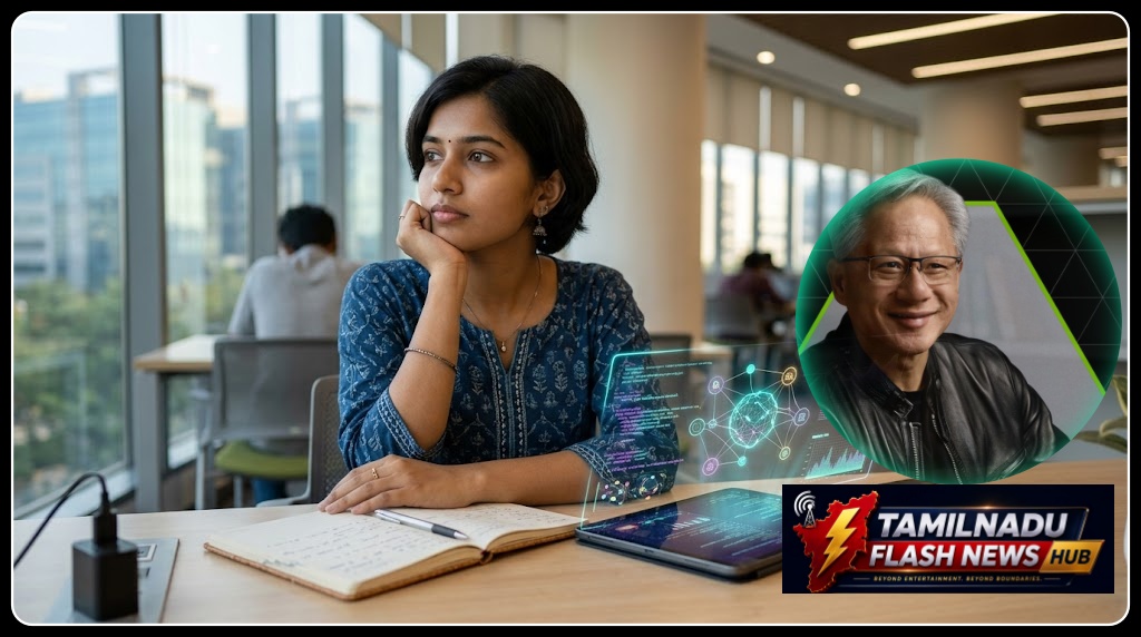 செயற்கை நுண்ணறிவு மற்றும் கல்வி குறித்த என்விடியா CEOவின் கருத்துக்களை விளக்கும் செய்திப் படம்.