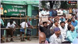 Closed TASMAC liquor shop representing employee protest and administrative action in Tamil Nadu.