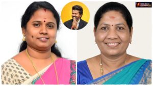 News visual highlighting TVK's candidate announcement for Madurantakam and Dharapuram by-elections.
