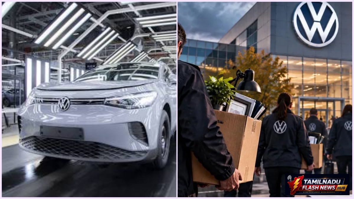 Volkswagen automobile plant representing the announcement of 100,000 job cuts by 2030.
