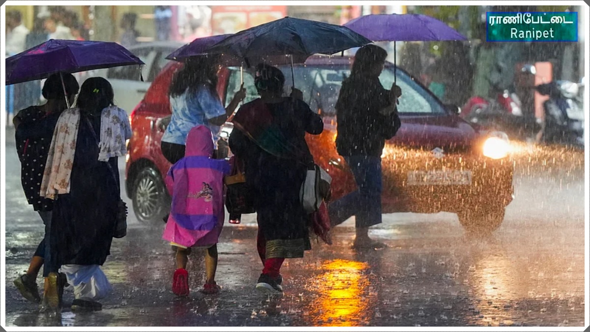 Conceptual editorial photograph representing heavy rainfall, stormy weather, and school closures in Ranipet and neighboring districts.