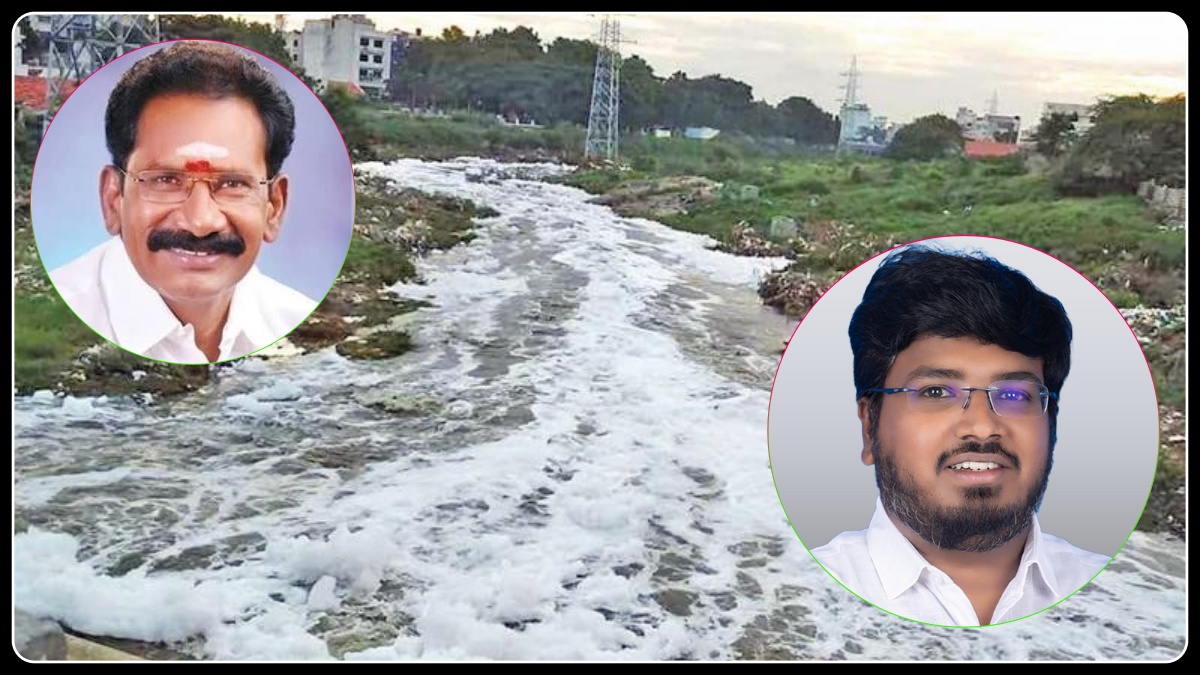 நொய்யல் ஆற்றின் நுரை மாசுபாடு மற்றும் செல்லூர் ராஜூ செய்தியாளர் சந்திப்பைக் குறிக்கும் காட்சிப் படம்.