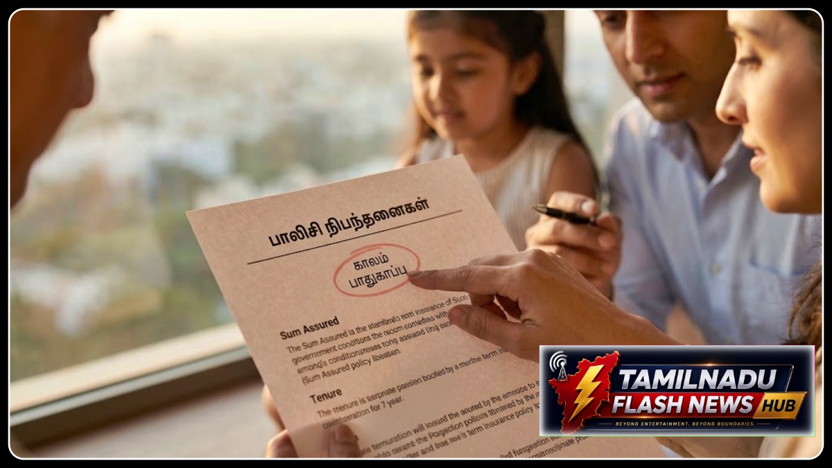 டேர்ம் இன்சூரன்ஸ் பாலிசி ஆவணங்களை ஆய்வு செய்யும் நபரைக் குறிக்கும் காட்சிப் படம்.